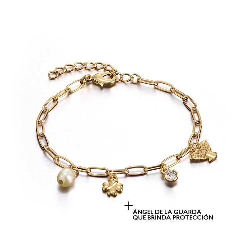 Pulsera-Charm-Trend-dorada-con-dijes-de-la-suerte-y-perla-acrilica-ideal-para-tu-look-de-año-nuevo.